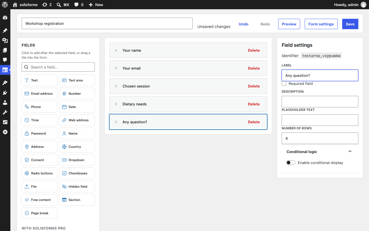 The SolisForms builder, with its field palette, canvas and inspector.